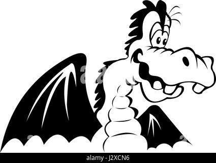 Bianco e nero illustrazione di un felice cartoon dragon, isolata su uno sfondo bianco. Illustrazione Vettoriale