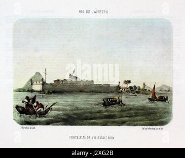 Questo riferimento storico può riguardare una rappresentazione o un documento del 1856 relativo alla Fortaleza de Villegagnon, una fortificazione a Rio de Janeiro, in Brasile, costruita nel XVI secolo per difendersi dagli attacchi stranieri. Foto Stock