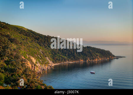 La vista dalla cima delle montagne di Buyukada isola, uno della Principessa Isole (Adalar), il Mar di Marmara, Istanbul, Turchia, con il verde dei boschi, mare calmo un Foto Stock