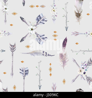 Acquerello boho seamless pattern con il teepee, frecce e piuma Foto Stock
