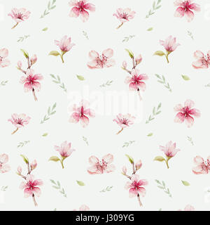 Acquerello su carta da parati senza soluzione di continuità con il fiore fiori di ciliegio, branc Foto Stock
