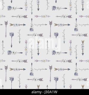 Acquerello boho seamless pattern con il teepee, frecce e piuma Foto Stock