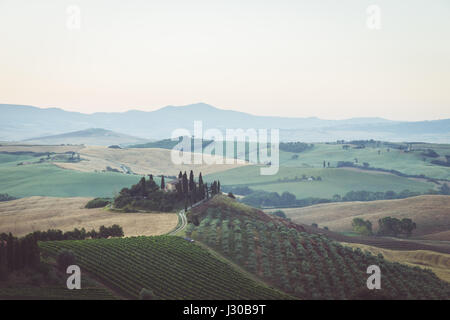 Visualizzazione classica di scenic paesaggio toscano con la famosa casa colonica in mezzo idilliache colline e valli in beautiful Golden. La luce del mattino al sorgere del sole i Foto Stock