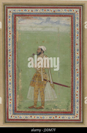 Un dignitario moghul, raffigurato in un ritratto ospitato al Brooklyn Museum, rappresenta l'opulenza e l'intricato stile artistico dell'Impero Moghul. Le opere d'arte riflettono la ricchezza culturale e l'artigianato dettagliato del periodo, mostrando un dignitario vestito con abiti tradizionali moghul, sottolineando il significato storico dell'epoca nell'arte e nella storia del Sud Asiatico. Foto Stock