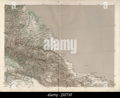La mappa del 1869 del Caucaso, misurata in 10 unità verst, fornisce dati geografici dettagliati della regione. Include importanti luoghi di interesse, insediamenti e terreni, catturando le caratteristiche storiche e geografiche della zona durante il XIX secolo. Foto Stock