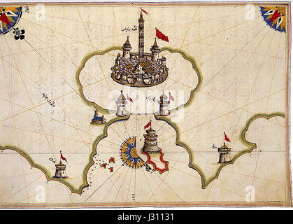 "Brindisi" è una mappa storica creata dall'ammiraglio e cartografo ottomano Piri Reis. Raffigura il Mar Mediterraneo e la città di Brindisi, fornendo un prezioso scorcio sulla cartografia e la navigazione del XVI secolo. Foto Stock