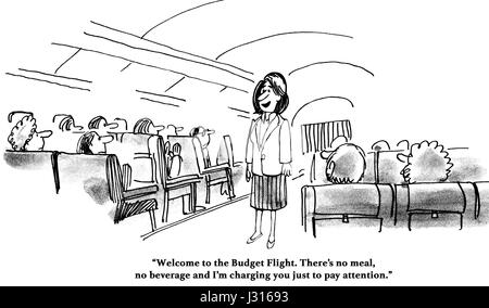 Cartoon business circa il settore delle compagnie aeree di carica per tutto, incluso l'ascolto di istruzioni di sicurezza. Foto Stock