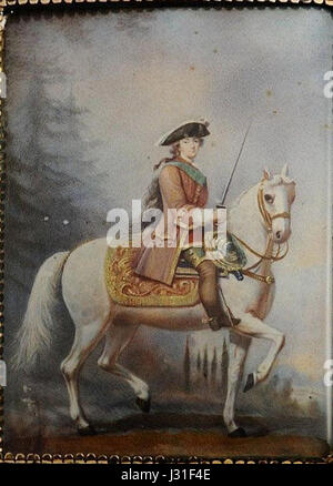 Questa opera raffigura l'imperatrice Caterina II di Russia a cavallo, dopo una raffigurazione di Eriksen. Caterina la grande è nota per la sua leadership in Russia e per il suo ruolo nell'espansione dell'impero. Il ritratto riflette la sua immagine di governante potente e illuminato dell'Impero russo. Foto Stock