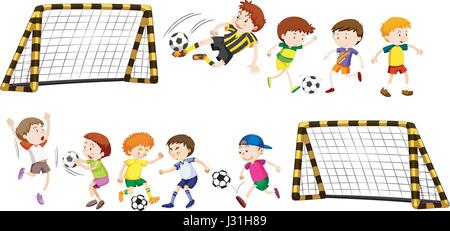 Obiettivo di calcio e i ragazzi giocare a palla illustrazione Illustrazione Vettoriale