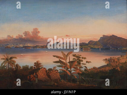 La "Vista di Rio de Janeiro" di Alessandro Ciccarelli presenta un paesaggio dettagliato della città nel XIX secolo. Questa opera d'arte mostra le caratteristiche culturali e architettoniche di Rio, riflettendo la bellezza della costa brasiliana. Foto Stock