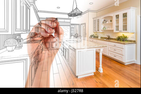 Disegno a mano Custom Design Cucina con gradazione rivelando una fotografia. Foto Stock