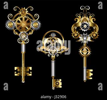 Tre tasti con ingranaggi di oro, bronzo e acciaio su uno sfondo nero. Steampunk stile. Gioielleria chiavi d'oro. Illustrazione Vettoriale