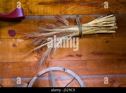 Impianti di raccolta per la produzione di scopa di sorgo associata corda di canapa appesa su una parete di legno fatta di tavole naturali non verniciate con nodi Foto Stock