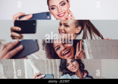 Collage di ritratti di ragazze di diverse gare rendendo selfies Foto Stock