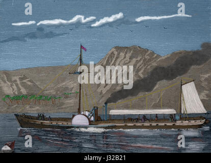 1a steamboat dall ingegnere americano Robert Fulton (1765-1815). Incisione, 1883.incisione. Nuestro Siglo, 1883. Edizione spagnola. Foto Stock