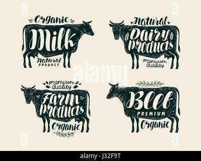 Cibo, vintage set di etichette. Vacca, Bull, carne bovina, latte, animali da fattoria, prodotti lattiero-caseari le icone o loghi. Lettering, calligrafia illustrazione vettoriale Illustrazione Vettoriale