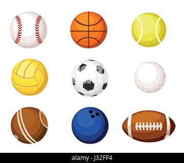 Illustrazione di raccolta palle sportive. Vector cartoon insieme a sfera per il calcio e tennis, rugby. La pallacanestro e palle da calcio illustrazione Illustrazione Vettoriale