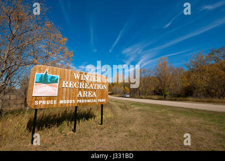 Segno a boschi di abete rosso Parco Provinciale (inverno recreation area), Manitoba, Canada Foto Stock