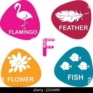 Alfabeto carino nel vettore. Lettera F per Flamingo, piume, fiore e pesce. Illustrazione Vettoriale