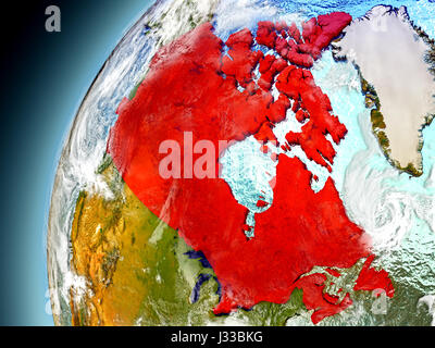 Il Canada come visto dall orbita sul modello della terra. 3D illustrazione con atmosfera e riflettente acque dell'oceano. Gli elementi di questa immagine fornita dalla NASA. Foto Stock