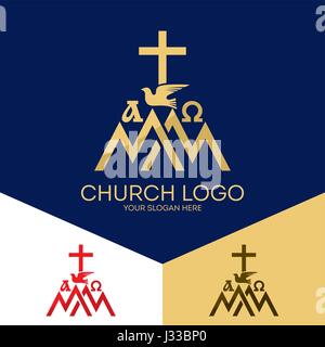 Logo della chiesa. Simboli cristiani. Il monte di Sion, alfa e omega, la croce di Gesù Cristo. Illustrazione Vettoriale