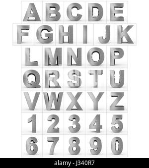 Lettere e numeri 3d metallo isolato su bianco - 3d rendering Foto Stock