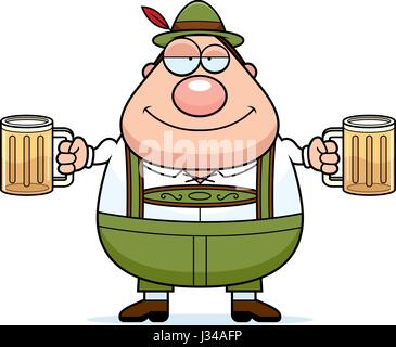 Un cartoon illustrazione di un uomo tedesco in lederhosen bere birra. Illustrazione Vettoriale