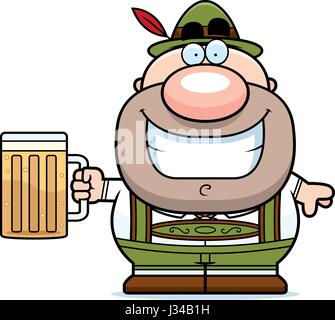 Un cartoon illustrazione di un uomo tedesco in lederhosen bere birra. Illustrazione Vettoriale