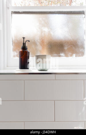 Bagno dispenser di sapone e vaso sul davanzale con sfondo di spazio negativo per il testo Foto Stock