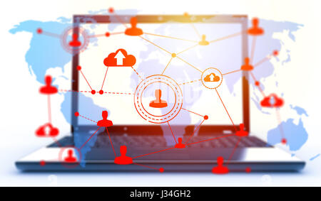 Social networking tecnologie nella parte anteriore di un laptop. Social media concept Foto Stock