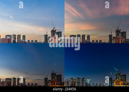 4 Momenti del Tramonto, Vista del centro di Singapore skyline dal tramonto a notte con le nuvole, Singapore Asia Foto Stock