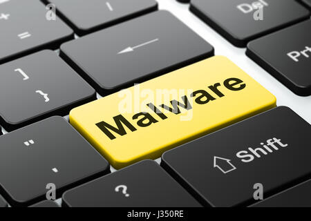 Il concetto di protezione: il malware sul computer sullo sfondo della tastiera Foto Stock