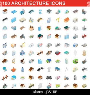 Architettura 100 set di icone isometrica 3d style Illustrazione Vettoriale