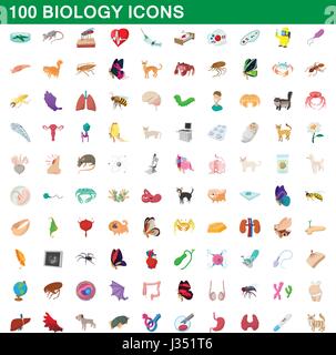 100 Biologia set di icone, stile cartoon Illustrazione Vettoriale