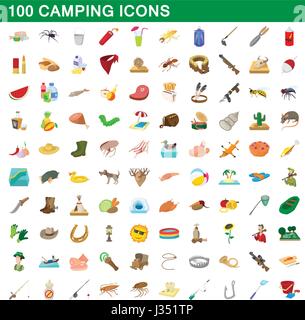 100 campeggio set di icone, stile cartoon Illustrazione Vettoriale