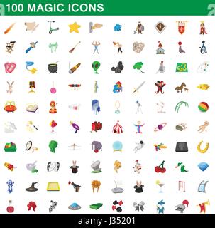 100 magic set di icone, stile cartoon Illustrazione Vettoriale