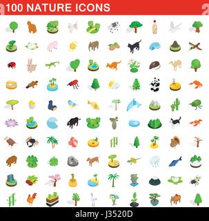 100 natura set di icone isometrica 3d style Illustrazione Vettoriale