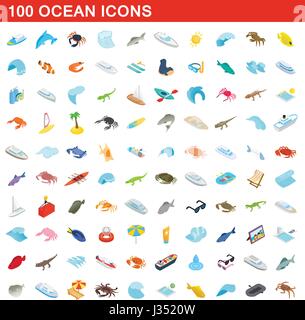 100 ocean set di icone isometrica 3d style Illustrazione Vettoriale