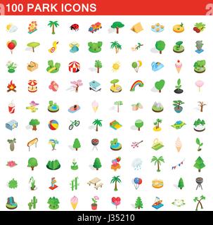 100 Park set di icone isometrica 3d style Illustrazione Vettoriale