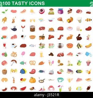 100 gustoso set di icone, stile cartoon Illustrazione Vettoriale