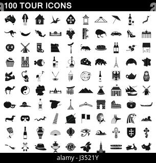 100 tour set di icone, stile semplice Illustrazione Vettoriale