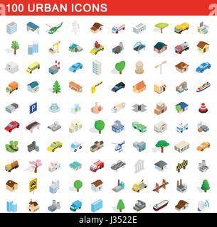 100 urbano set di icone isometrica 3d style Illustrazione Vettoriale