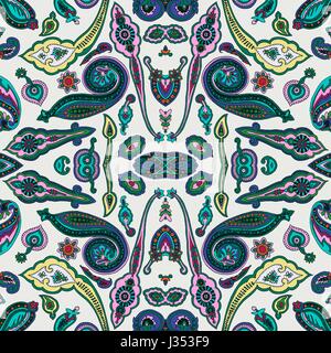 Senza soluzione di continuità geometrica astratta caleidoscopio paisley pattern. Orientale tradizionale ornamento etnica, su off lo sfondo bianco. Il design tessile. Illustrazione Vettoriale