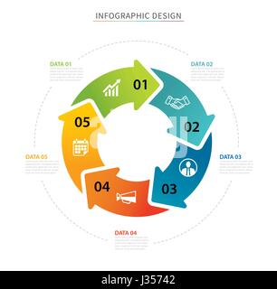 Cerchio di Business frecce modello infografico con 5 dati. Può essere utilizzato per il layout di flusso di lavoro, grafico presentazione diagramma grafico della relazione annuale, web design Illustrazione Vettoriale