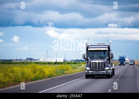 Dark moderno semi carrello professionale per il trasporto commerciale su lunghe distanze sulle autostrade interstatali lungo la California campi in primavera Foto Stock