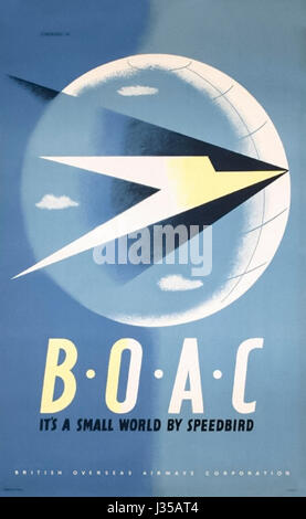 "BOAC è un piccolo mondo da Speedbird' 1947 British Overseas Airways Corporation Poster. Artwork da Tom Eckersley (1914-1997) con l'Art Deco Speedbird logo disegnato da Theyre Lee-Elliott (1903-1988). Foto Stock