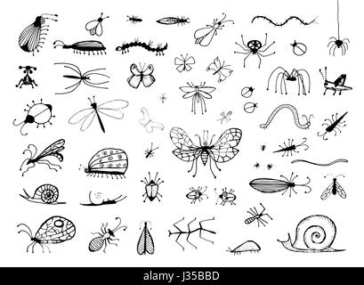 Set di disegnati a mano gli insetti Bugs, Worm, Caterpillar, Butterfly, Spider, lumaca e la libellula. Animali piccoli sketch illustrazione vettoriale isolato su bianco Illustrazione Vettoriale