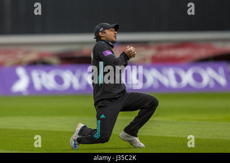 Londra, Regno Unito. Il 2 maggio 2017. Kumar Sangakkara prende la cattura e Tom Westley è fuori. Surrey v Essex nel Royal London One-Day Cup al ovale nel sud di Londra. Credito: David Rowe/Alamy Live News Foto Stock