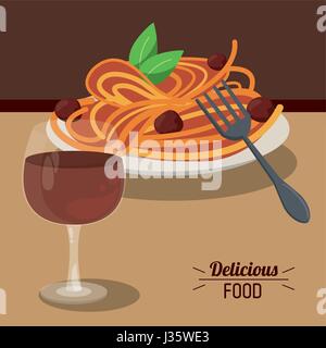 Il cibo è delizioso spaghetti polpette e bicchiere bicchiere di vino bianco Illustrazione Vettoriale