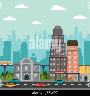 Cityscape edificio stazione gas bank urbano vetture su strada Illustrazione Vettoriale